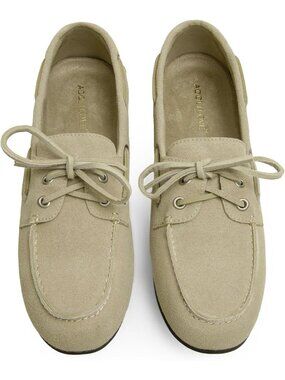 Women's Beige Suede Comfortable Bow Lace Loafer Slip On Casual Flats Boat Shoes